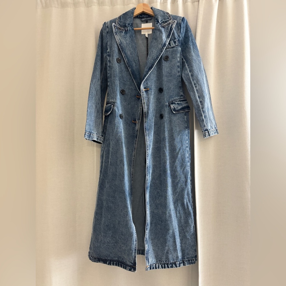 Avec Les Filles Long Denim Trench Coat - Blue - Picture 1 of 5